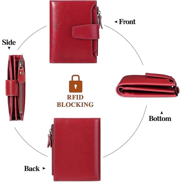 Rød liten lommebok til damer Kompakt blokkerende liten lommebok for kvinner i ekte skinn