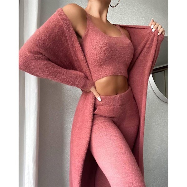 Dames Sexy Varmt Fuzzy Fleece 3-Delers Outfit Pyjamas, Koselig Strikket Sett 3-Deler, Åpen Front Hoodie Cardigan Topp Bukser (M)