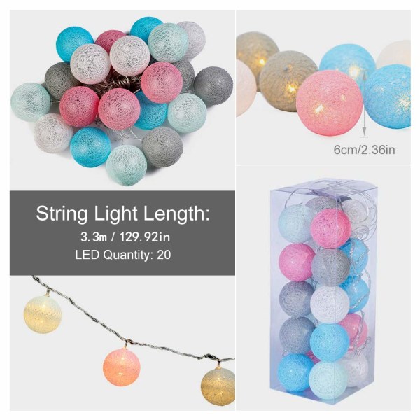 String Lights Cotton Balls Batteri -3M 20 LED Lights Belysning