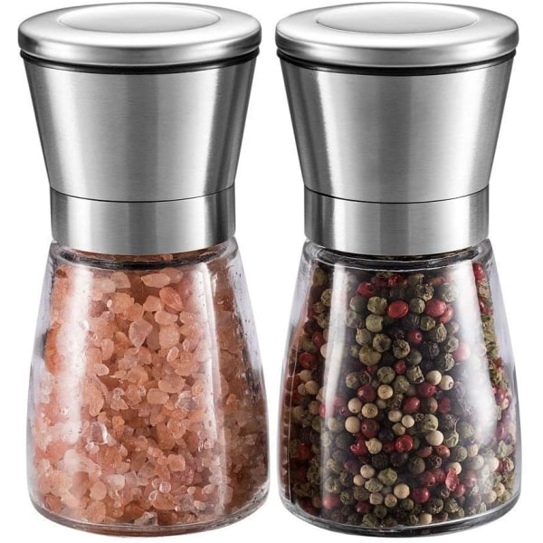 Salt- och set – Premium salt- och pepparkvarn i rostfritt stål med glaskropp och justerbar grovhet