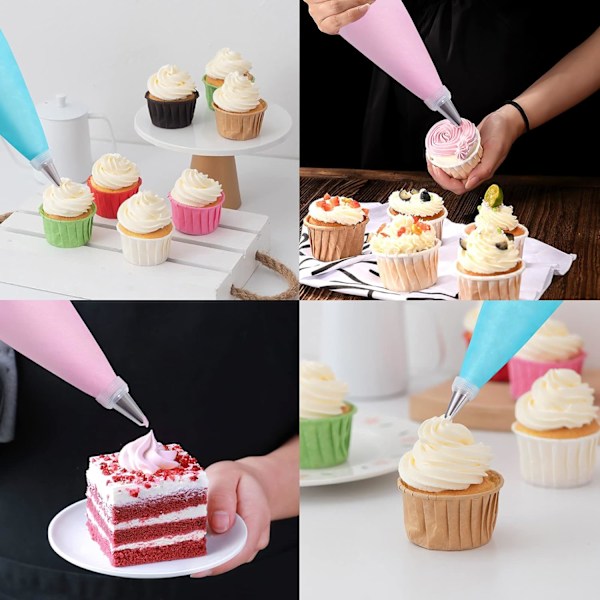 Sprøyteposer og tipssett, 100 stk engangs sprøyteposer, engangs sprøyteposer for kakedekorasjonssett tilbehør med frosting tips, posebånd, etc.