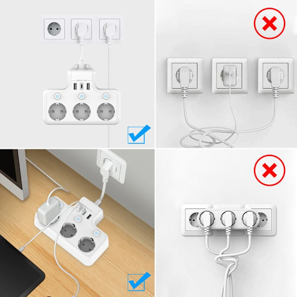 Useita pistorasioita yksittäisillä kytkimillä, pistorasia USB-C 3 pistorasialla ja 3 USB-laturilla, seinäpistorasia useilla USB-pistorasioilla, lyhyt kaapeli