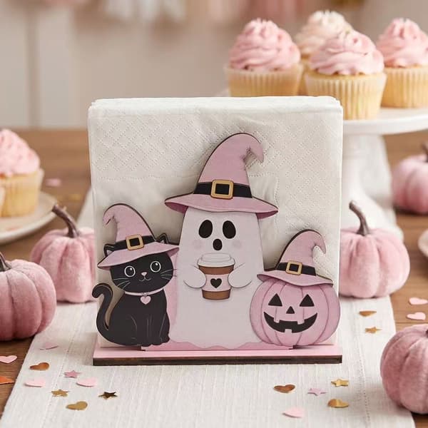 Pink spøgelse træservietholder til Halloween, sød skrivebordsdekoration YY03601