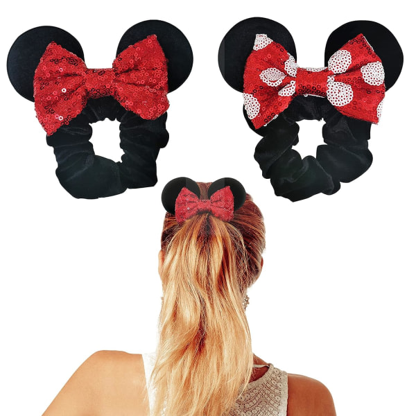 2pk Mouse Ear Scrunchies for barn sammetshårbåge Scrunchies for women - Sparkle Paljetter Mushårband for ponnysvansmusöron (rød svart)