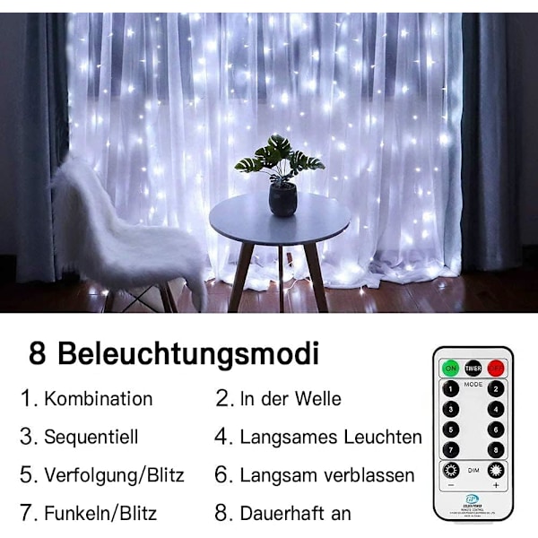 LED-ljusgardin 300 LED-slingljusgardin med fjärrkontroll och timer 8 lägen Slingljusgardin för utomhus inomhus juldekoration 3M