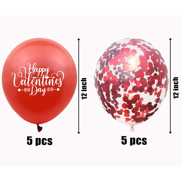 Ystävänpäiväkoristeet, 10 kpl punaisia ​​ilmapalloja, 5 kpl lateksia ja 5 kpl konfettiilmapalloja ystävänpäivään, vuosipäivään, hääjuhliin