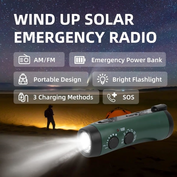 Weojeviy Wind Up Radio, solcellsdriven handvev nödradiogenerator AM/FM, lämplig för utomhusbruk och nödsituationer (grön)