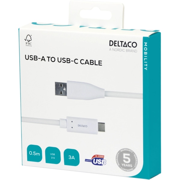 DELTACO USB-C - USB-A -kaapeli, 0,5 m, 3 A, USB 2.0, valkoinen 20