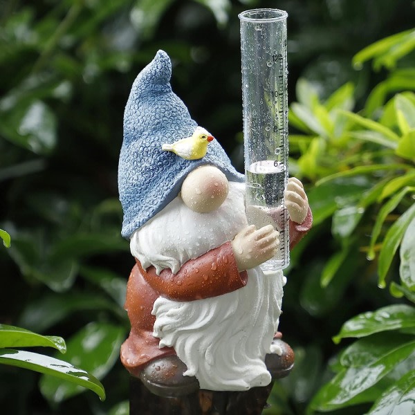 Resin Gnome Regnmätare, Trädgårdsstaty med en plastregnmätare, Handmålad Gnome Skulptur Vattenmätare för regn