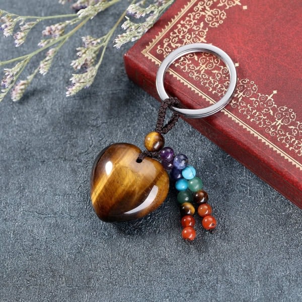 Naturlig Tiger Eye Heart Crystal Nyckelring 7 Chakra Healing Gemstone Keyring Charm for women