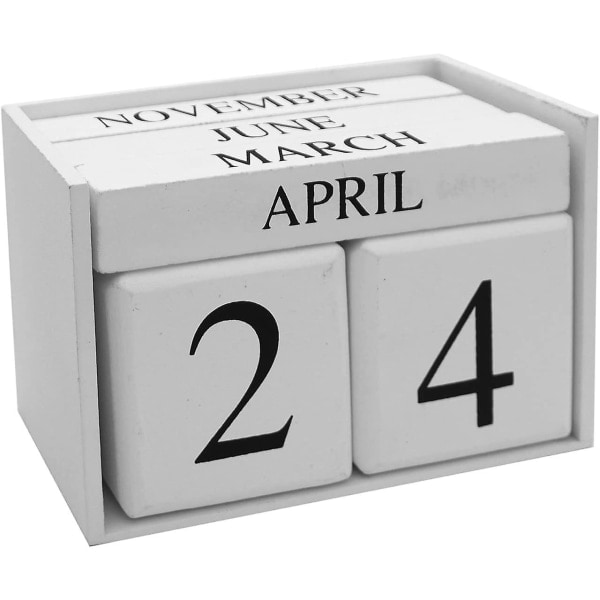 Enkel och modern skrivbordskalender i trä，Permanent Daily Block Kalender Månad Datum Visa Vit