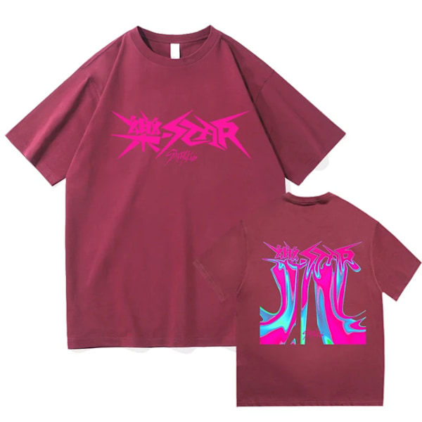 Kpop Stray Kids Rock Star Album T-shirt för Kvinnor och Män - Streetwear, Kortärmad, Fans T-shirt, Present Vinröd XL Burgundy