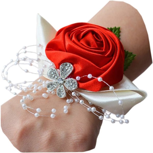 1 Styck Bröllop Brudtärna Brud Handled Corsage Dekorativ Hand Blomma, Röd