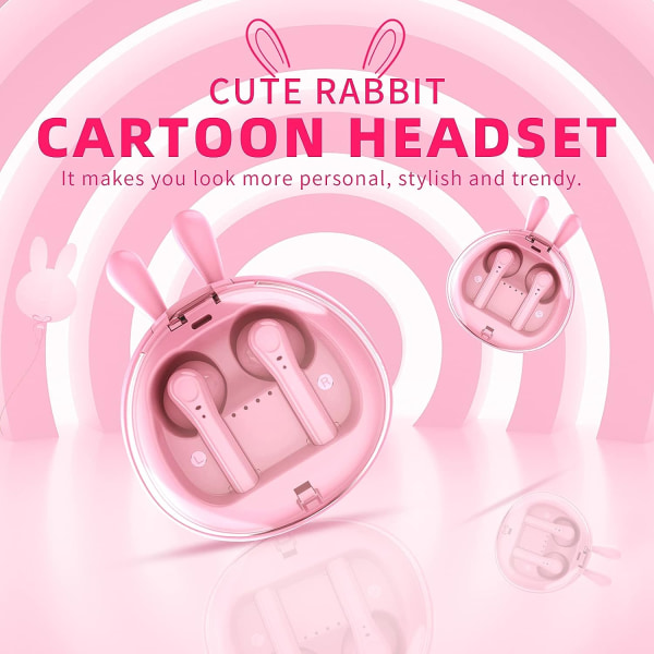 Barns trådlösa öronproppar med laddbox, söt rosa kanin