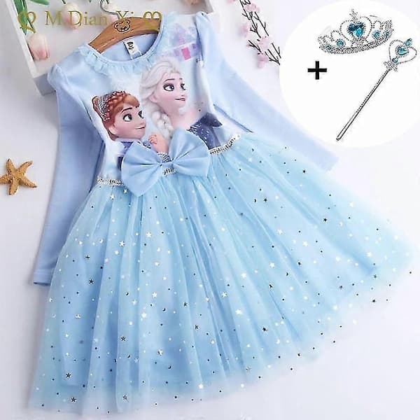 Prinsesse Elsa Efterårskjoler til piger, langærmede Anna-kjoler, børnefødselsdag, balkjole blå Blue 3T
