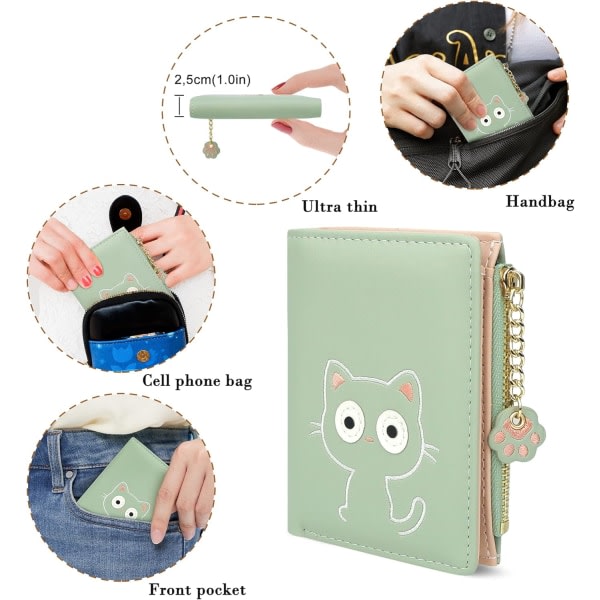 Liten plånbok för kvinnor Söta tunna RFID-läder Bifold-plånböcker för kvinnor tjejer med myntväska med dragkedja (kattgrön) Grön