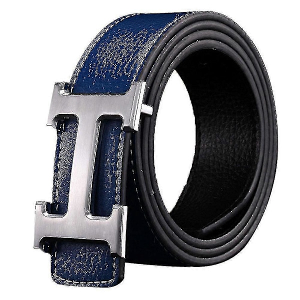 Ny Stil Business Fritid Ægte PU Læder H Glat Spænde Litchi Korn Bælte Til Mænd (FMY) Dark Blue   Silver