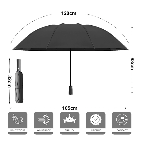 Automatisk paraply, vindtæt rejseparaply, kompakt sammenfoldeligt