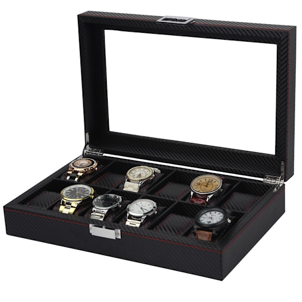 12-klockors klockbox - Lyxmodell i svart kolfiber med röda sömmar 1735