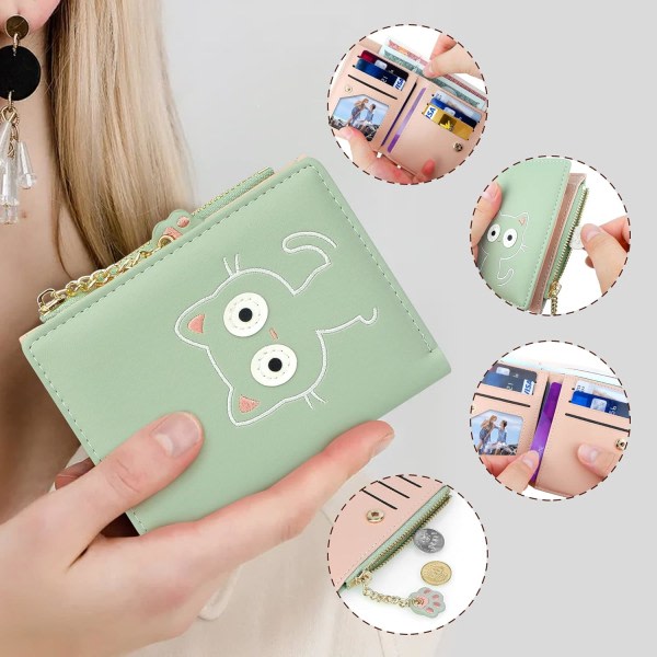Kvinders lille tegnebog Søde tynde RFID læder bifold tegnebøger til kvinder piger med lynlås møntpose (kattegrøn) Grøn