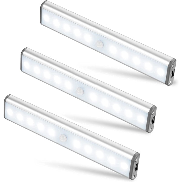 3-pack oppladbare 10 LED-bevegelsessensor nattlys for skap Garderober Garderobe sølv