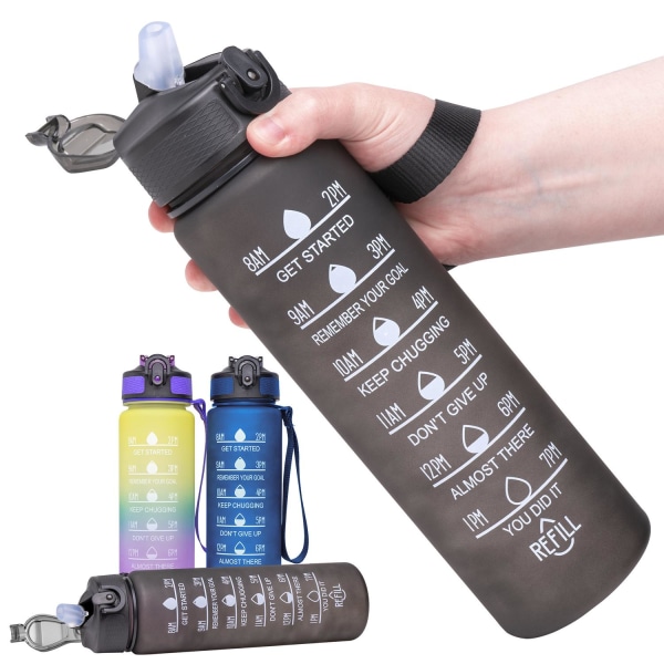 1L Water Bottle with Straw & Time Marker 250 Blå