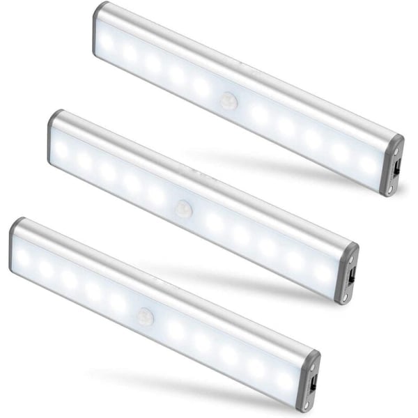 Set med 3 10 LED-lampor, trådlös, USB uppladdningsbar, bärbar vit