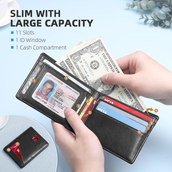 Slim lommebok for menn Rfid Leather Bifold herre lommebok Minimalistisk 11 spor kredittkortholder med regningsspor og gaveeske
