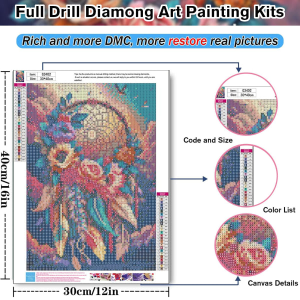 Dreamcatcher diamantmaleri, DIY ædelstenskunstsæt, 5D Dreamcatcher ædelstensmaling med rund diamant perfekt til hjemmets vægge (12x16 tommer)