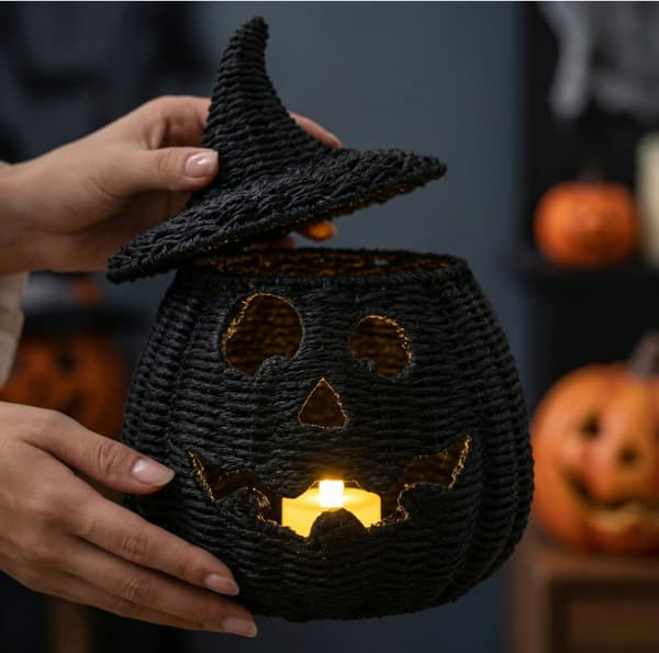 Sort vævet hul græskar-natlampe, Halloween bordlanterne D 16*16*20cm