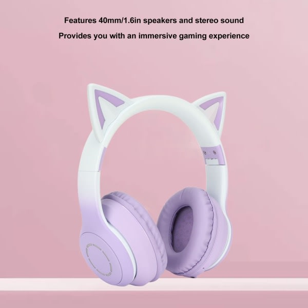 LED Light Up Cat Ear Gaming-hodetelefoner, trådløse sammenleggbare hodetelefoner med mikrofon - lilla lilla