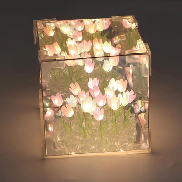DIY Tulip Natlampe USB LED Bordlampe 20 Lyserøde Blomster Glas Spejl Design