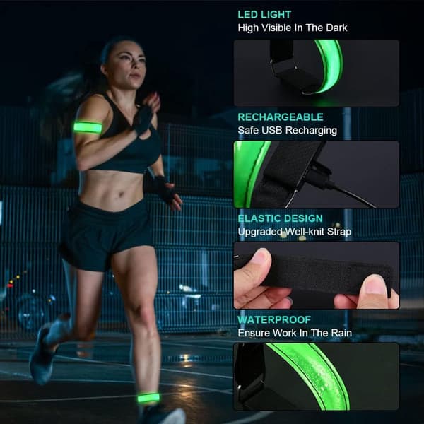 LED-belyst armbånd, reflekterende, justerbart, blinkende for løpesikkerhet, grønt