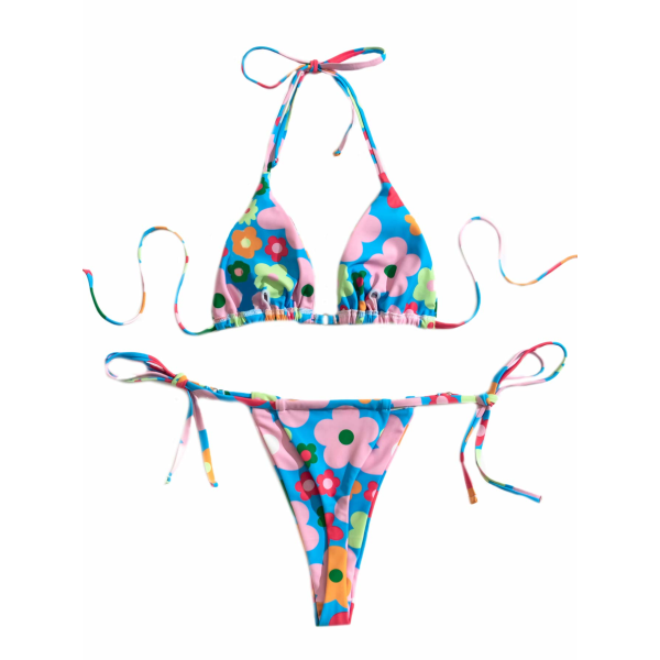 Halter Triangle Tie Bikini-sett for kvinner med todelt badedrakt (blå blomst)