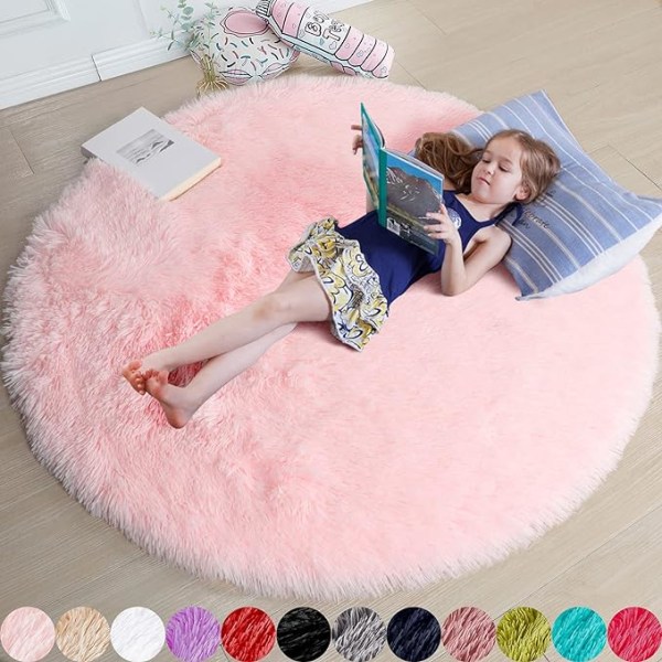 rosa rund matte til flickor soveværelser, fluffig matta 4ft X 4ft for barn r