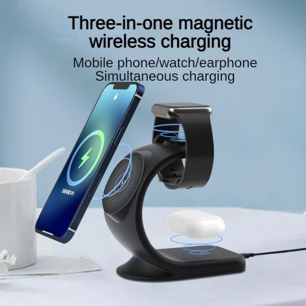 Creative tre-i-ett magnetisk trådløs laddning 15W bordstelefonstativ trådlös snabbladdning for Apple Watches hörlurar Black