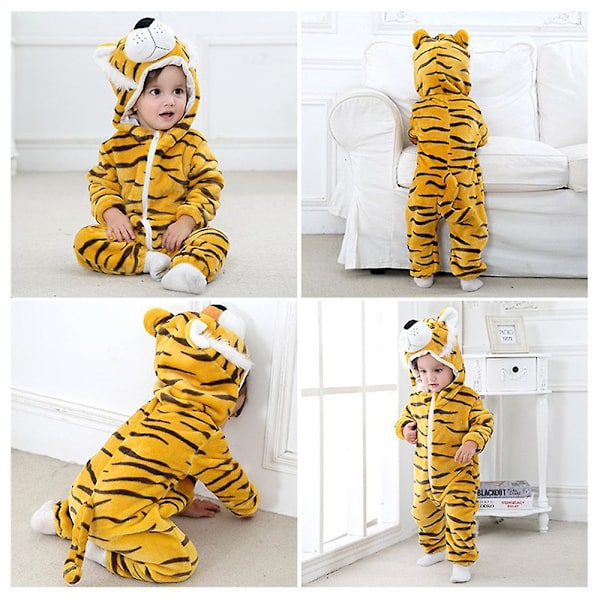 Baby pojke flicka barn tecknad djur huva romper fleece jumpsuit body vinter varma kläder i ett stycke gul Yellow 0-6 Months