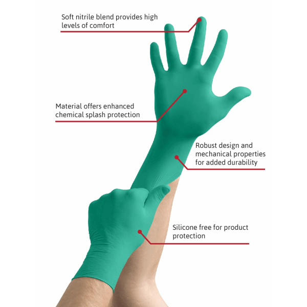 92-600 engångshandskar av nitril, puderfria, högt kemiskt och mekaniskt skydd Grön, storlek L (100 handskar)
