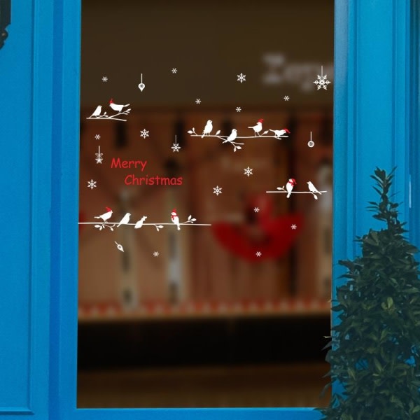 Christmas Snow Tree Birds Glass Stickers Shopping Mall Window Decal