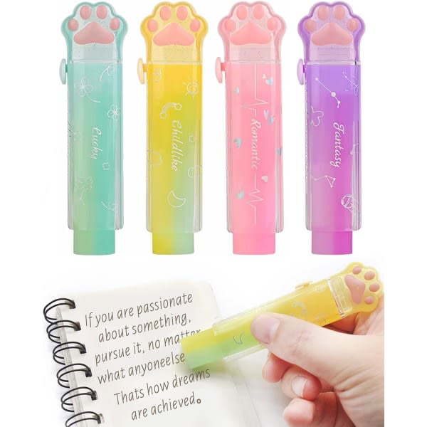 4st glidande indragbara pennsuddgummi med Cat Paw-plastfodral Söta gelésuddar for skolkontor Rensuddar for barn (gradientfärg)