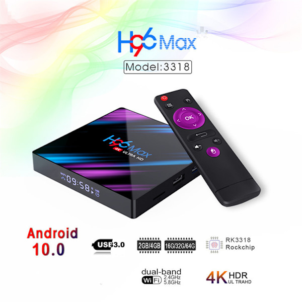Android 10.0 H96 Max TV-boks 4GB RAM 32GB ROM, Penta-Core Mali-450, RK3318 Quad-Core 64bit Cortex-A53, H.265 Dekoding 2,4GHz/5GHz WiFi Smart TV-boks EU EU 2GB 16GB