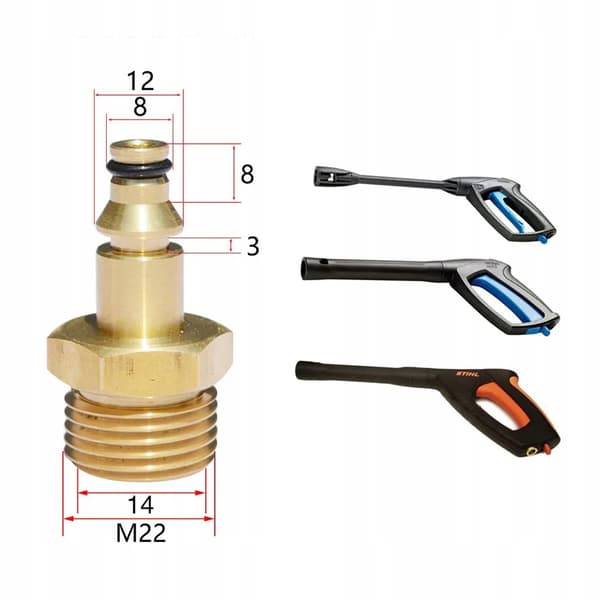 Adapter M22 för snabbkoppling för högtrycksslang - Mässing | 14 mm | Kompatibel med Nilfisk, Stihl