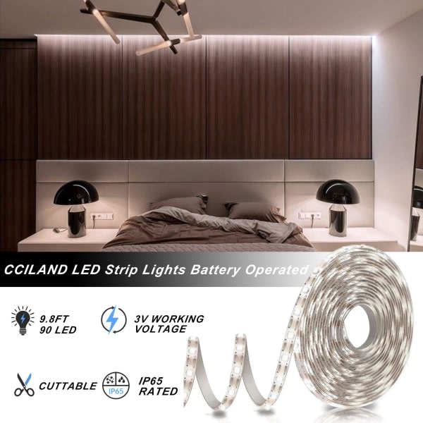3 m batteri LED stripelys med fjernkontroll, LED lys stripe vanntett, 8 moduser, dimbar, timer, selvklebende (kjølig hvit)