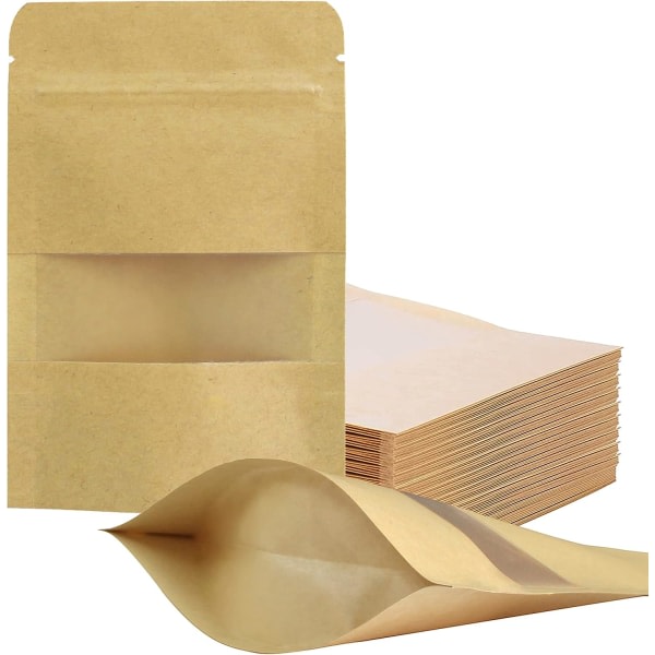 100 st 9*14cm kraftpapperspåsar for forpackning av produkter med dragkedja for matlagringspåsar, återanvändbara og forseglingsbara.