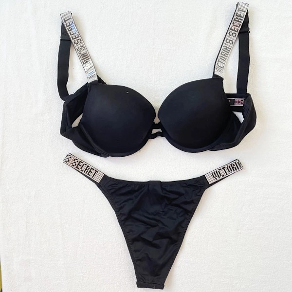 Sexiga underkläder Komfort Kvinnor Set Push Up BH Victoria's Secret Underkläder Set Damunderkläder Vetement Femme svart svart svart 85B