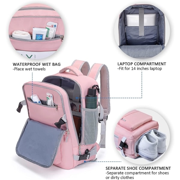 Reseryggsäck för Ryanair Kabinväska Undersätes bärväska för flygplan Handpassad för 14" PC Casual Daypack med USB laddningsport Skofack
