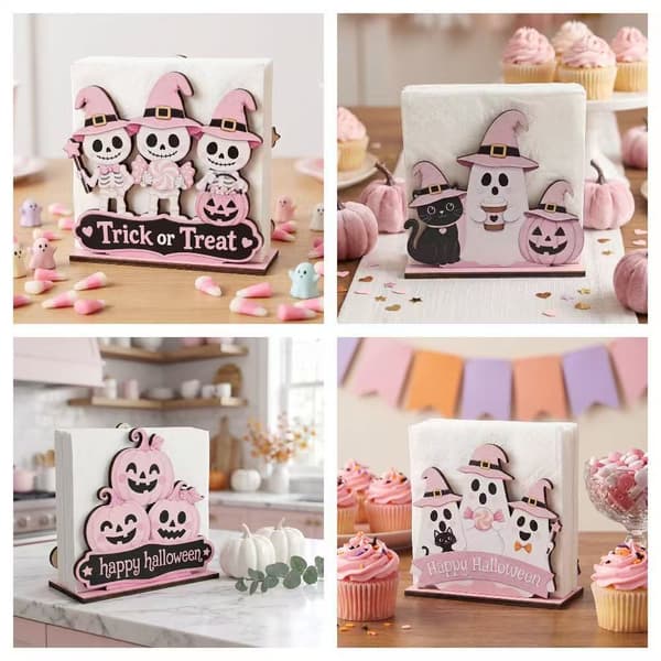 Pink spøgelse træservietholder til Halloween, sød skrivebordsdekoration YY03601