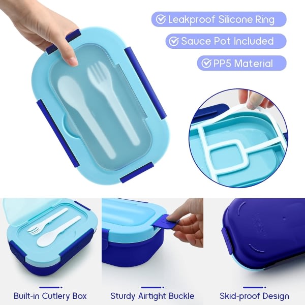 Bento Lunchbox Madkasse for voksne barn, 4-fack for män och kvinder Madkasse med bestick, blå