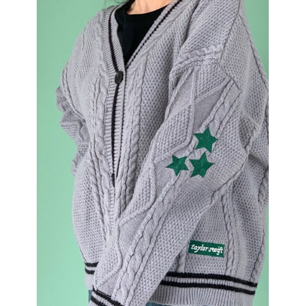 Taylor Swift Star Folklore Cardigan Stjärnbroderad Oversized Stickad Knapptröja Grå Grey XL