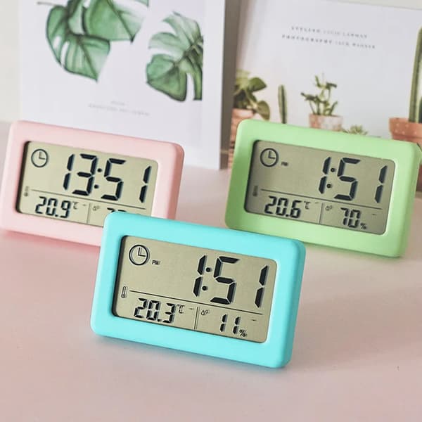 Digital LCD-bordsklocka för inomhusbruk med termometer och hygrometerfunktion, tunn väggklocka, bordsklocka, enkel design